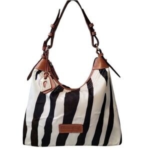 Dooney & Bourke Black and Cream Striped Nylon Hobo Bag